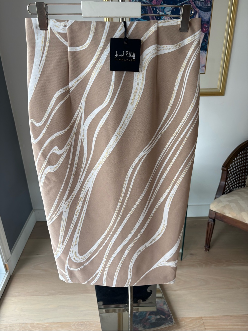 Joseph Ribkoff Beige Skirt with White Swirl Design